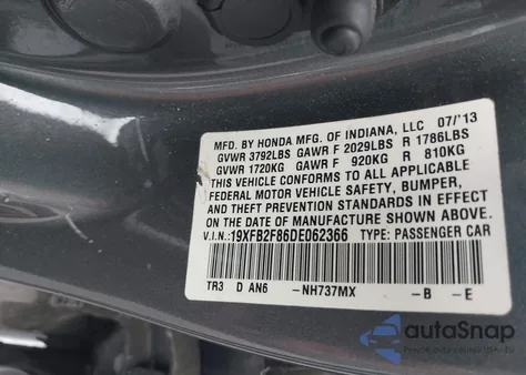 2013 Honda Civic Ex из США, поврежденный, VIN 19XFB2F86DE062366